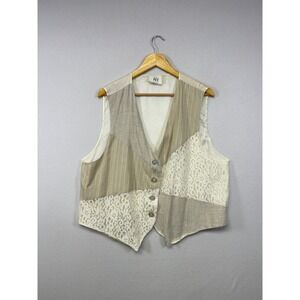 Cottagecore Boho Tofy Women L Cream Beige Patchwork Lace Pinstripe Button Vest